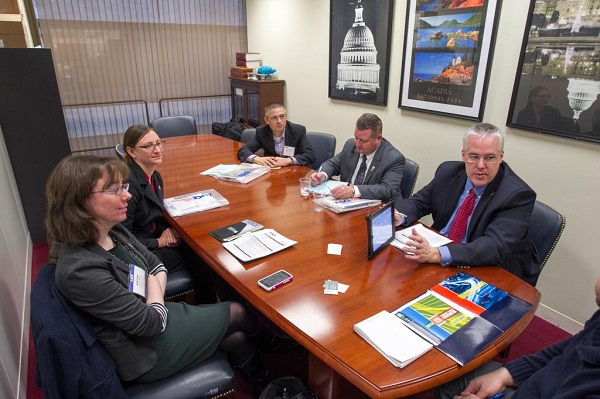 Maine delegation in 2014 with Peter Merfeld presenting the 2013 Report Card for America’s Infrastructure app to Senator Susan Collins (Maine) staff member John Kane.