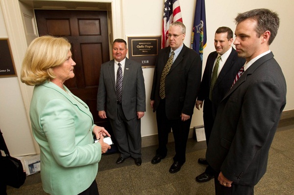 Congresswoman Chellie Pingree (Maine) speaks with ASCE representatives from Maine in March 2012: Greg Blake, Peter Merfeld, Jason Gallant and Walter Fagerlund.