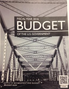 Photo of the cover of President Obama's FY16 Budget Request; credit: Twitter photo from @jonathanweisman, New York Times economic policy reporter